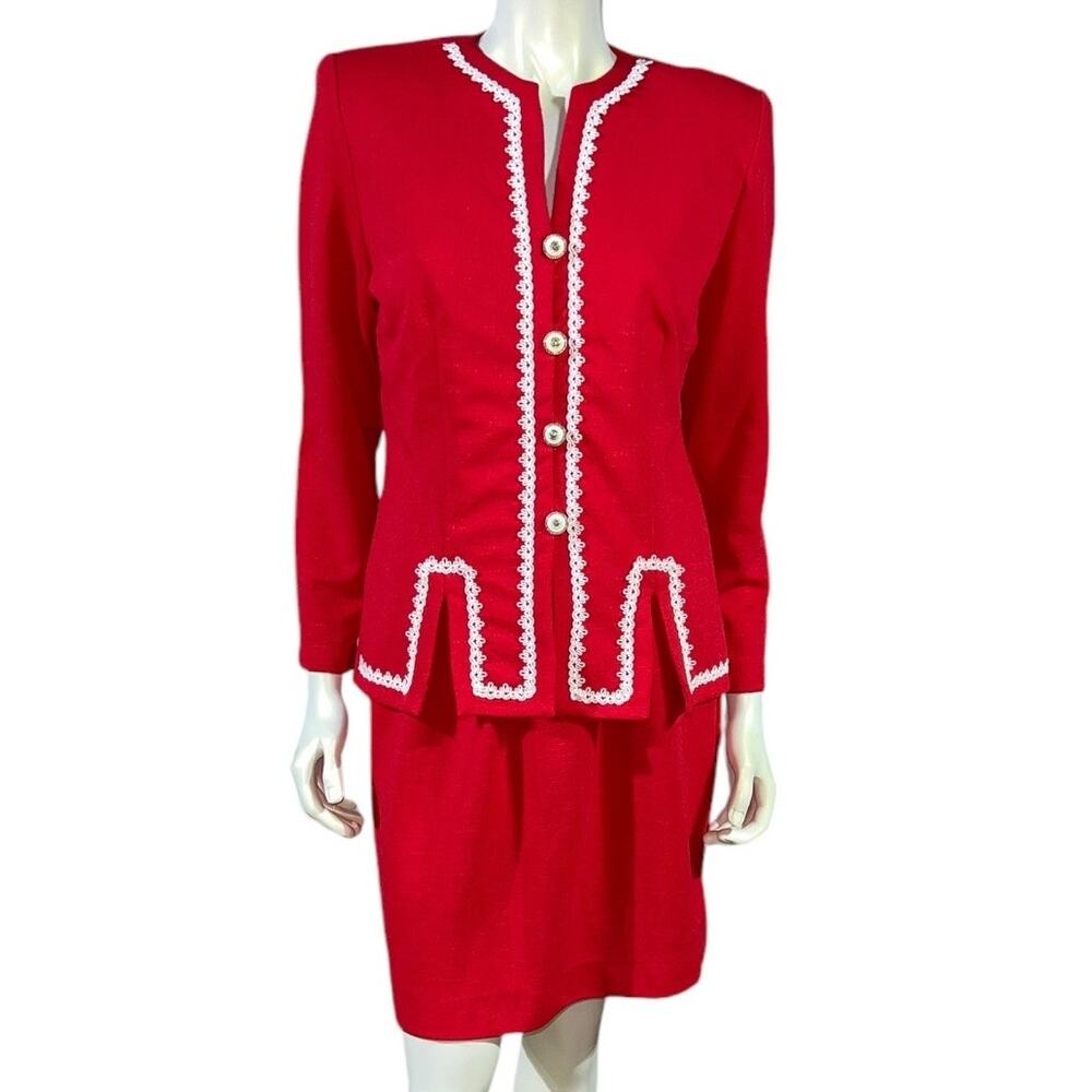 1980s Pablo Collection Red Skirt Suit White Loop Trim Power Suit Vintage